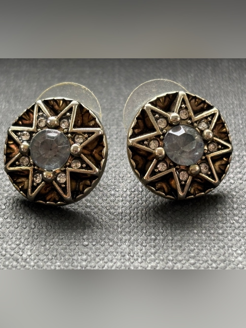 Vintage-Inspired Silver & Gold Tone Crystal Stud Earrings - Clear Crystal